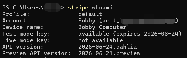Stripe CLI whoami output