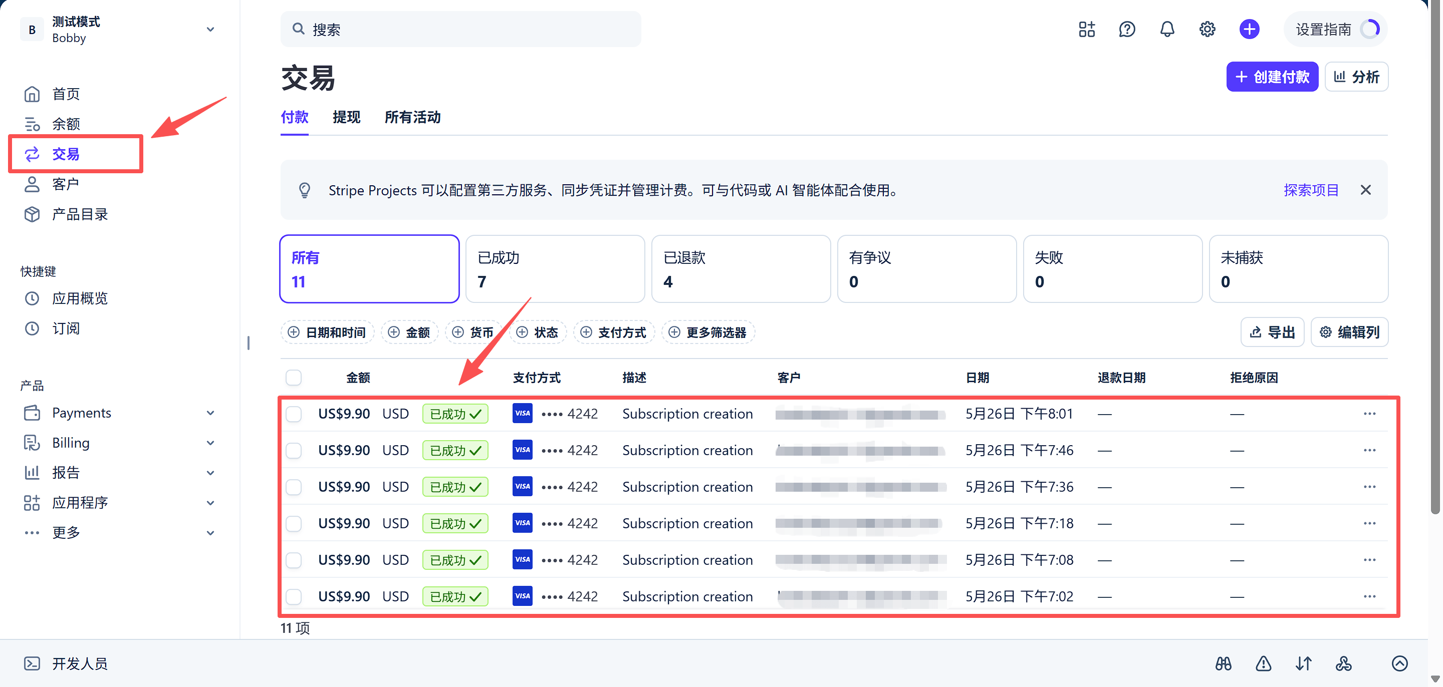 Stripe Dashboard payment record